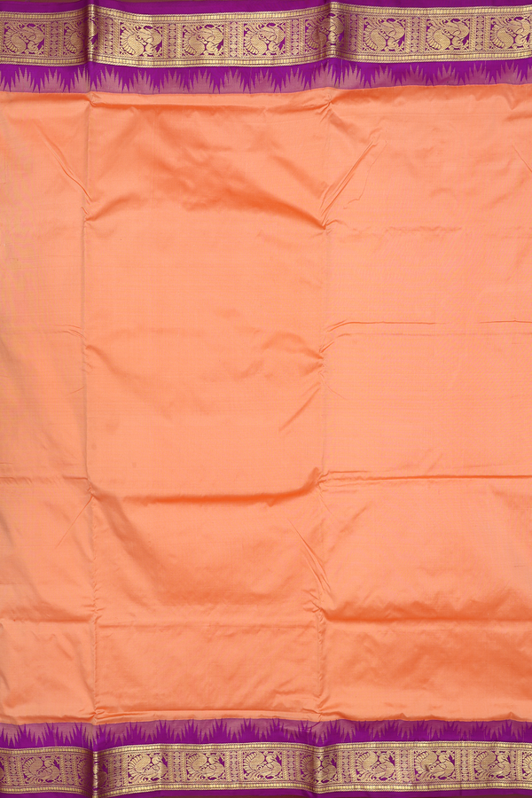 Nine Yards Silk Saree In Plain Orange With Peacock Border