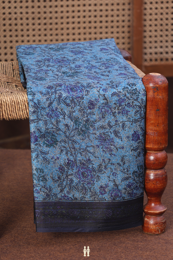 Printed Silk Saree In Blue With Floral Design