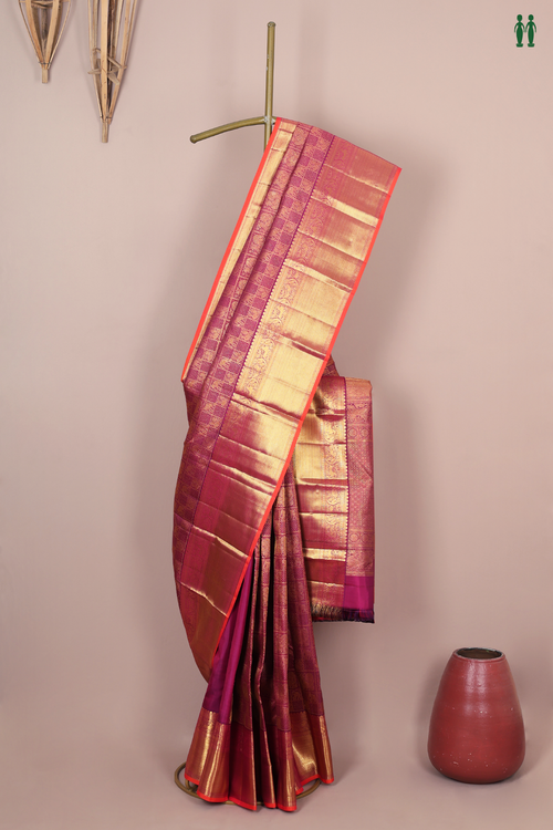 Kanchipuram Silk Saree In Purple With Peacock Elephant Design
