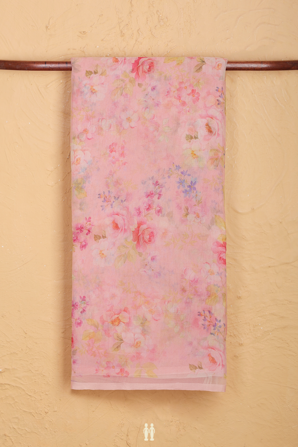 Organza Silk Saree In Peach Pink With Floral Design