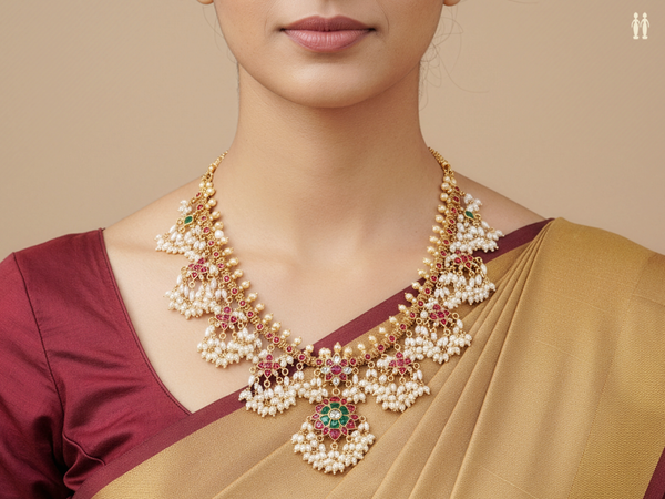 Floral Design With Beads Gold Plated Silver Long Necklace