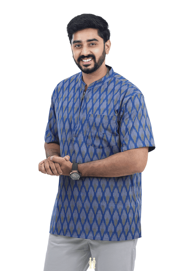 Chinese Collar Royal Blue Ikat Cotton Short Kurta