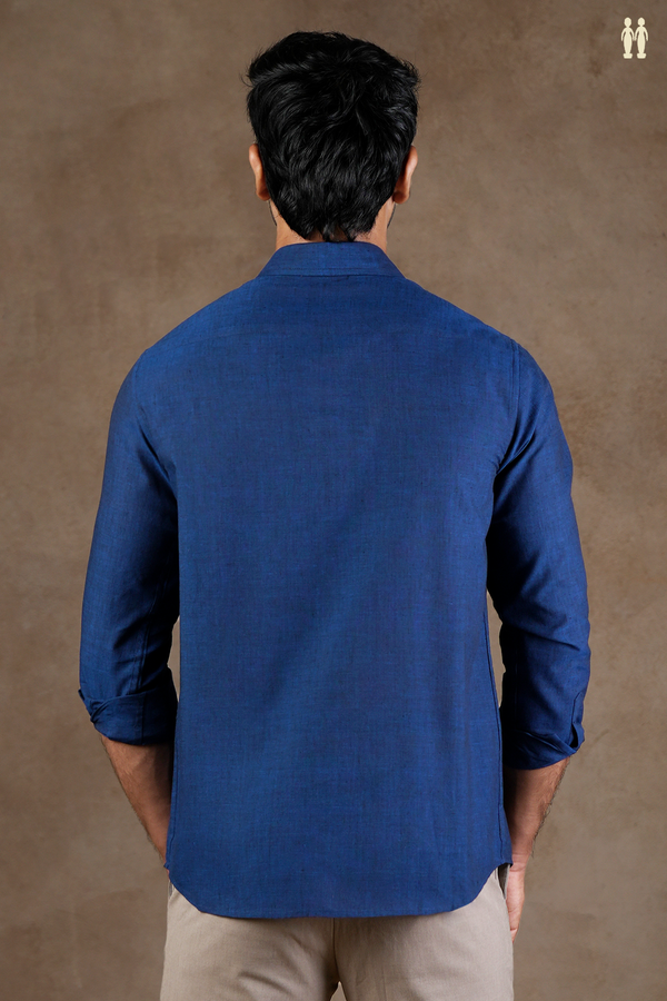 Regular Collar Embroidered Design Oxford Blue Cotton Shirt