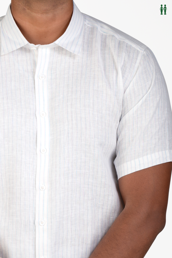 Regular Collar Stripes Design White Linen Shirt