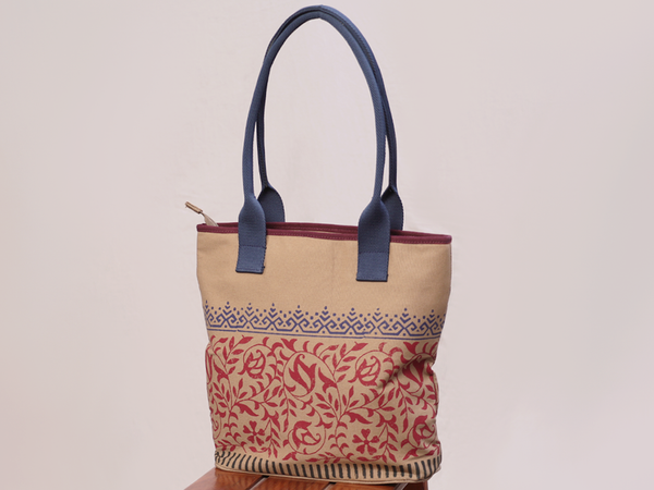 Printed Design Brown Cotton Hand Bag