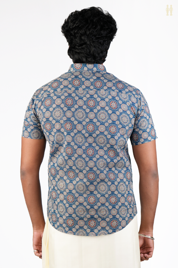 Regular Collar Printed Design Blue Cotton Shirt