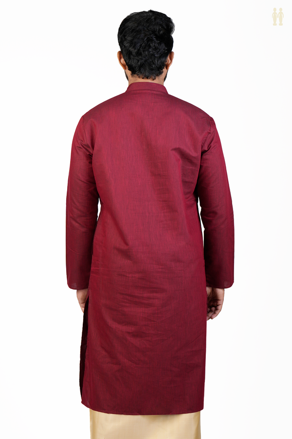 Chinese Collar Plain Burgundy Red Cotton Long Kurta