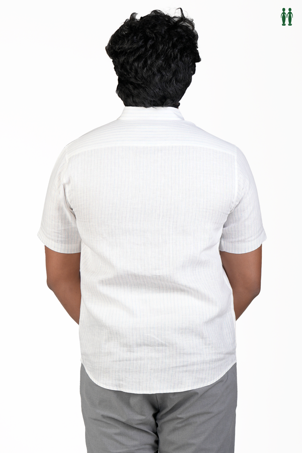 Regular Collar Stripes Design White Linen Shirt