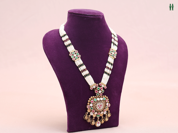 Tri Color Stone With Multi Layered Pearls Silver Long Necklace