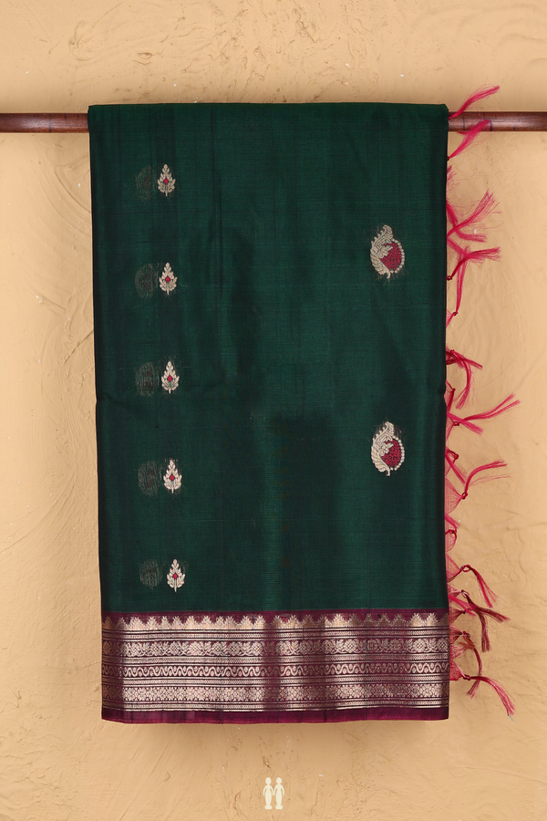 Kora Silk Cotton Saree In Forest Green With Floral Buttas