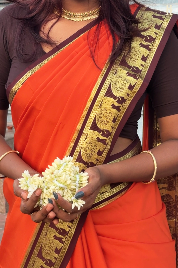 Mysore Silk Saree In Spiced Orange With Contrast Border