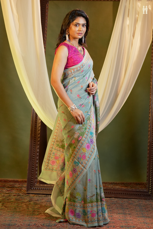 Crepe Saree In Greenish Grey With Floral Buttas