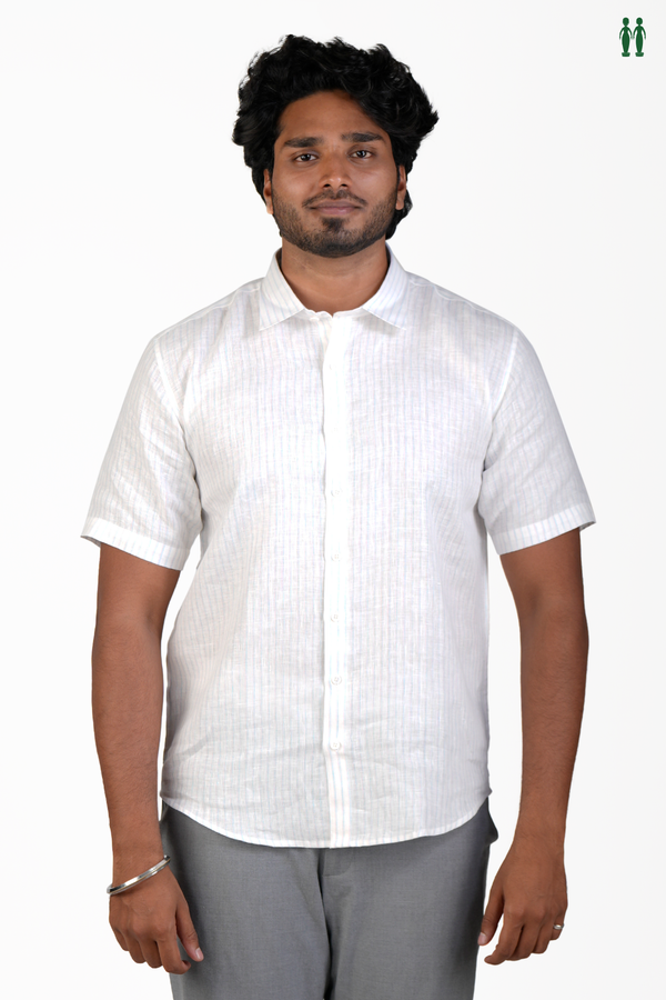 Regular Collar Stripes Design White Linen Shirt