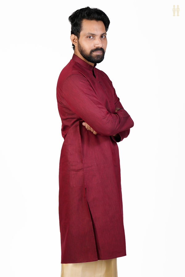Chinese Collar Plain Burgundy Red Cotton Long Kurta