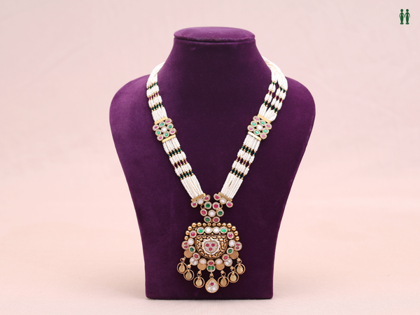 Tri Color Stone With Multi Layered Pearls Silver Long Necklace