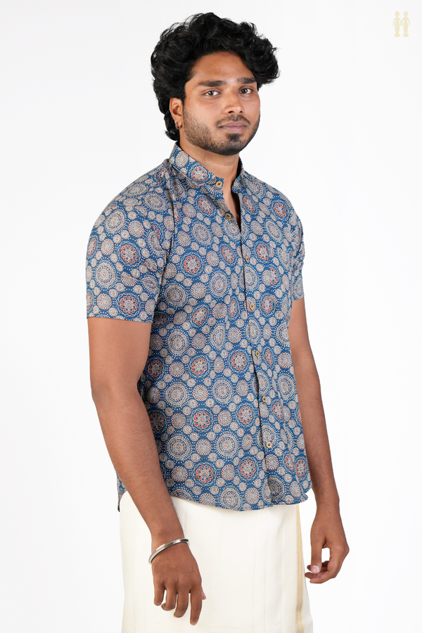 Regular Collar Printed Design Blue Cotton Shirt