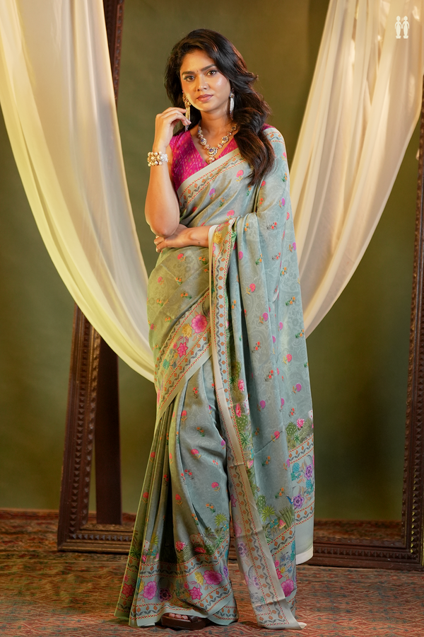 Crepe Saree In Greenish Grey With Floral Buttas