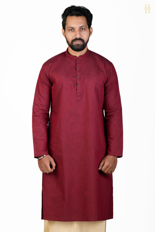 Chinese Collar Plain Burgundy Red Cotton Long Kurta