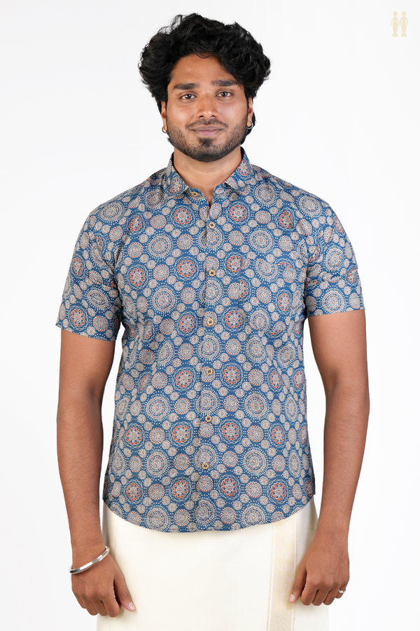 Regular Collar Printed Design Blue Cotton Shirt