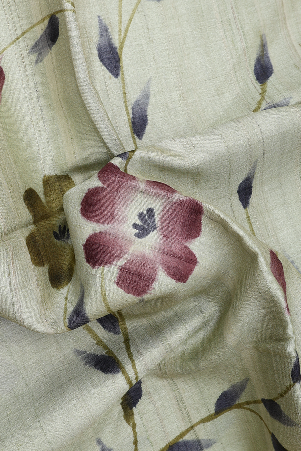Floral Printed Design Cream Green Tussar Silk Saree