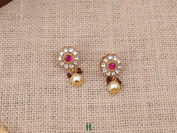 Floral Design With Beads Gold Plated Silver Earrings