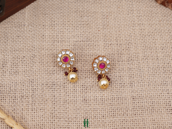 Floral Design With Beads Gold Plated Silver Earrings