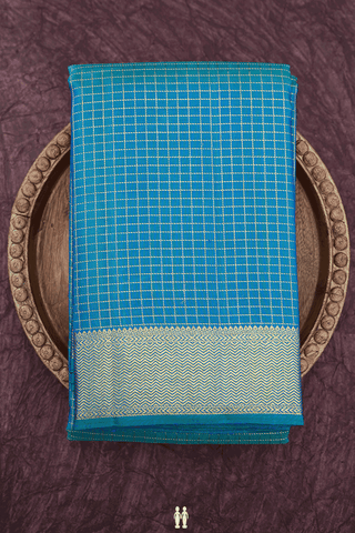 Zari Checked Design Teal Blue Kanchipuram Silk Saree