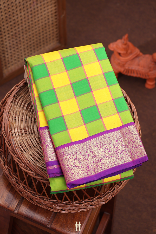 Kanchipuram Silk Saree In Green And Yellow With Checks Design