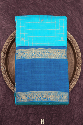 Checked With Buttas Aqua Blue Kanchipuram Silk Saree
