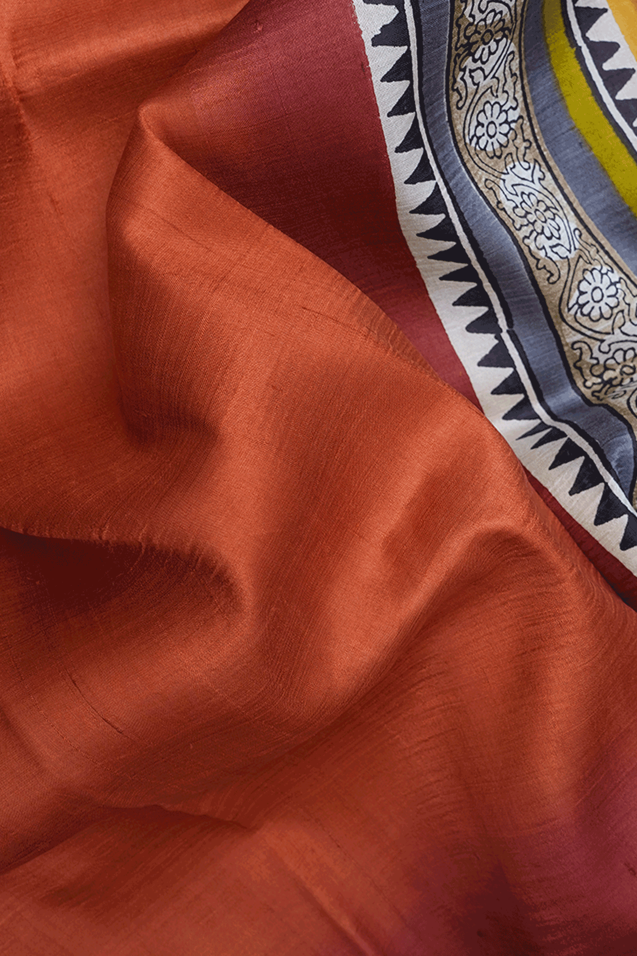 Half And Half Color Rust Orange And Beige Printed Silk Saree