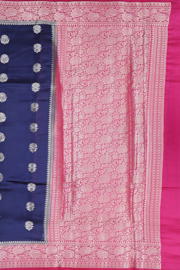 Raw Silk Saree In Navy Blue With Floral Buttas