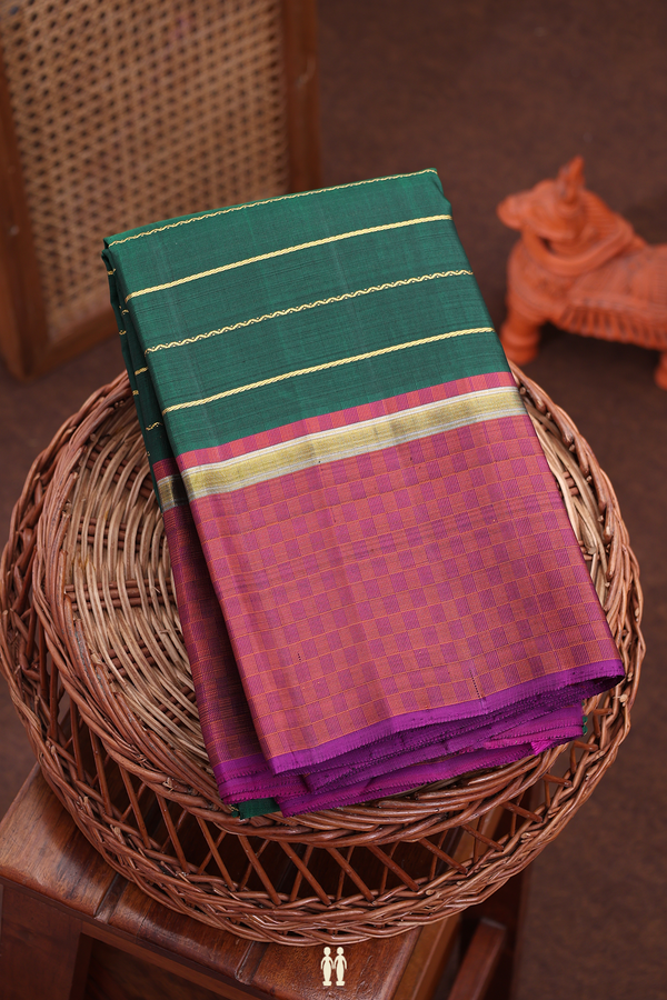 Kanchipuram Silk Saree In Emerald Green With Stripes Design