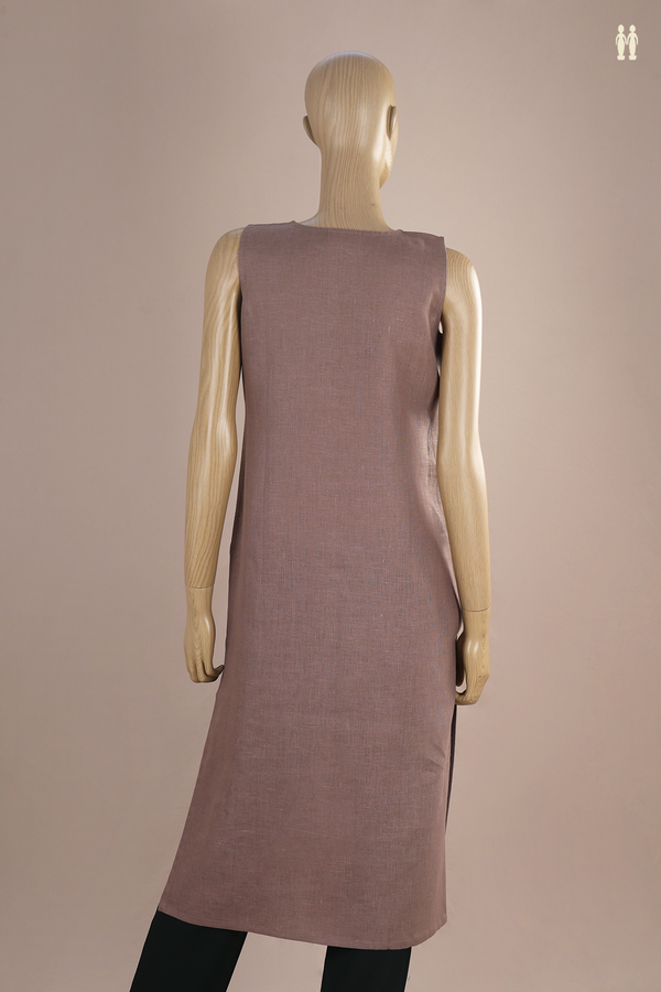 Round Neck Leaf Design Cocoa Brown Linen Long Kurta