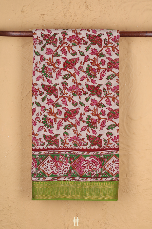 Kalamkari Cotton Saree In Ivory With Floral Design