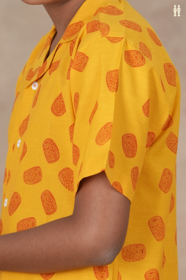 Regular Collar Mathalam Design Yellow Cotton Shirt