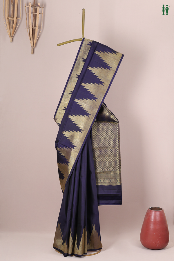 Kanchipuram Silk Saree In Navy Blue With Temple Border