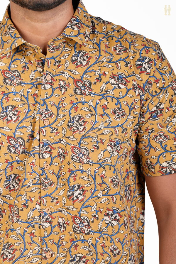 Regular Collar Floral Design Golden Brown Cotton Shirt