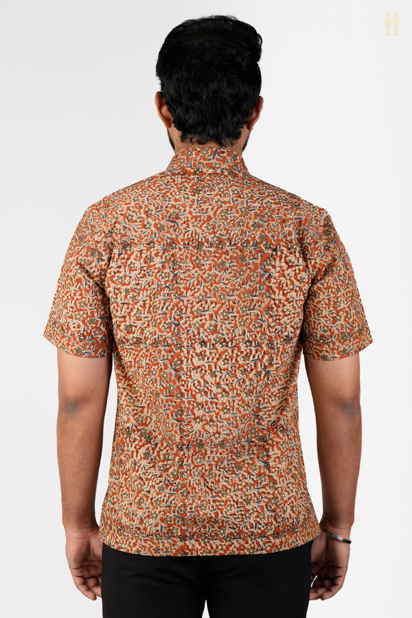 Regular Collar Floral Design Orange Kalamkari Cotton Shirt