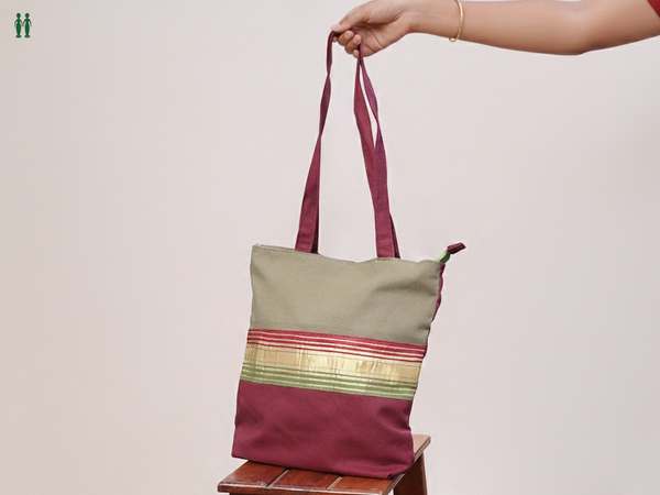 Stripes Design Green And Purple Cotton Hand Bag