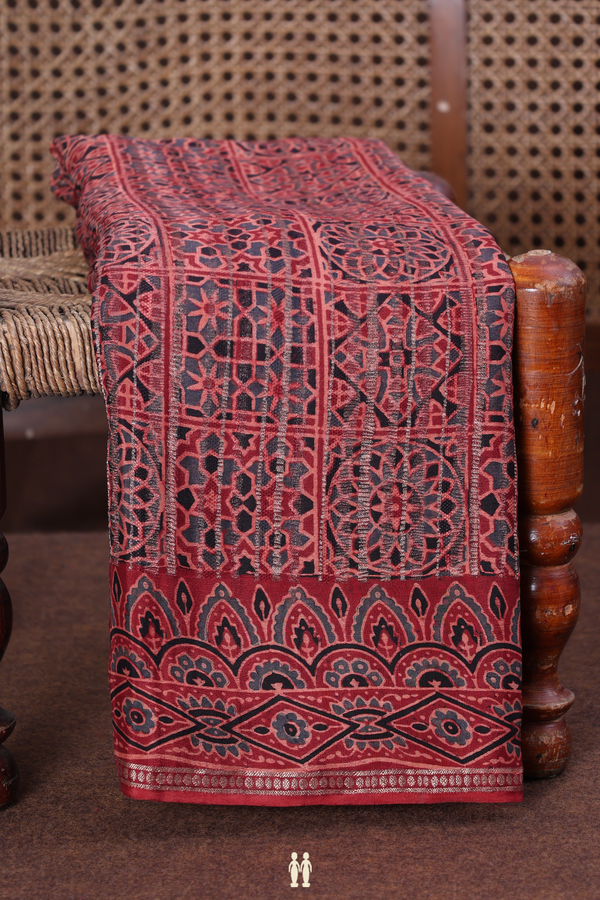 Georgette Saree In Crimson Red With Ajrakh Printed Design