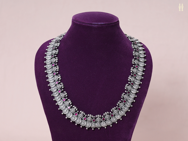 Traditional Lakshmi Coin Oxidized Silver Long Necklace