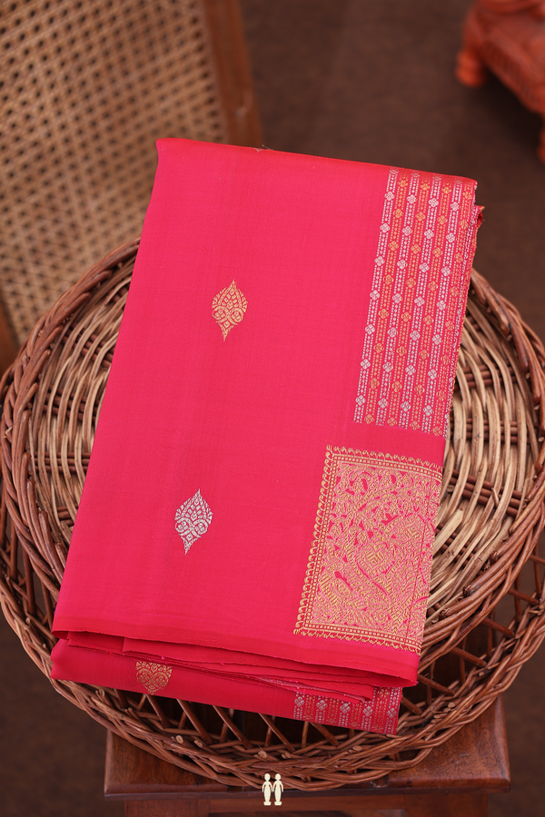 Kanchipuram Silk Saree In Red With Stripes Along Buttas