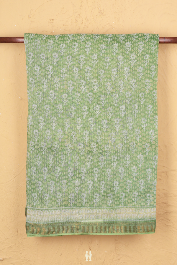 Linen Saree In Shades Of Green With Floral Printed Design