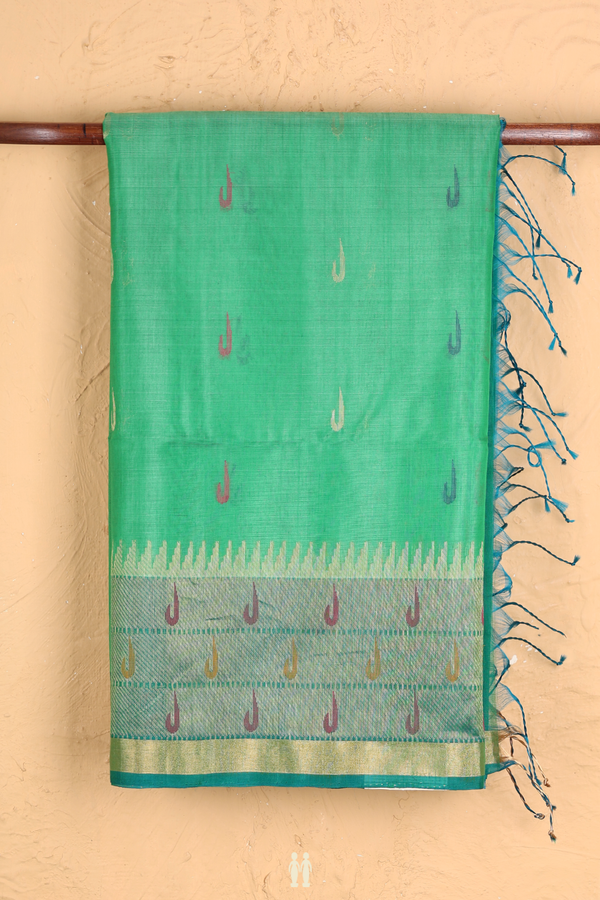 Kora Silk Cotton Saree In Jade Green With Threadwork Design
