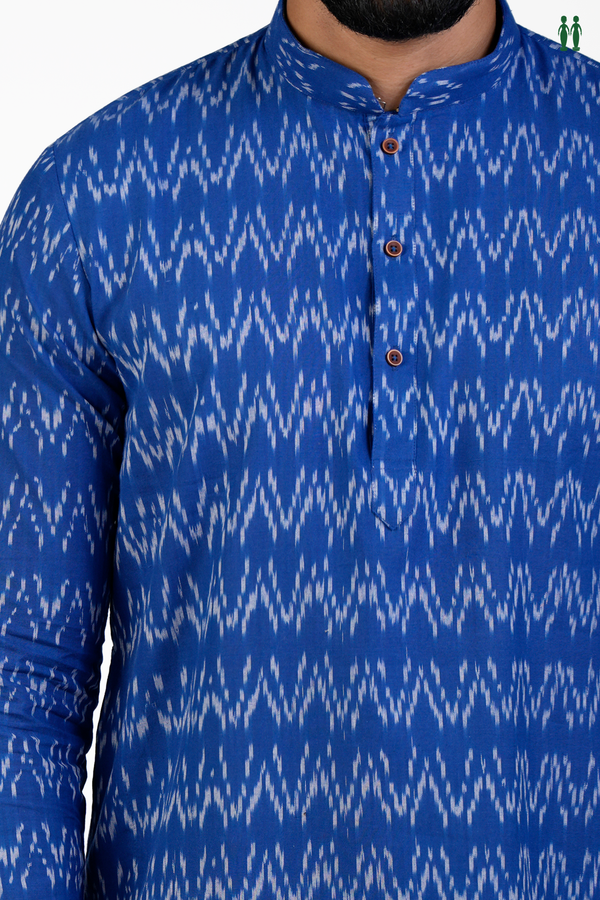 Chinese Collar Printed Design Royal Blue Cotton Long Kurta