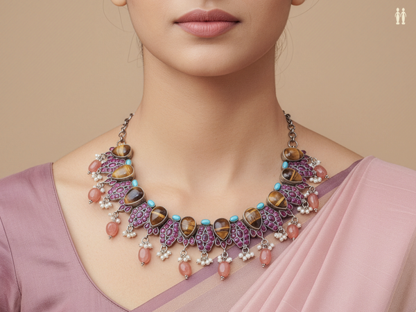 Tiger Eye Semi Precious Stone Oxidized Pure Silver Necklace