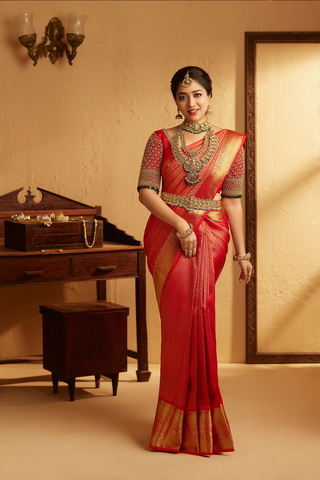Kanchi Pattu Sarees - Chilli red #kanchipuram #silk #saree in gold zari  border from manufacturer at kanjivaram silks. we make wedding sarees in  your design and colour. 🛒 Buy now: https://kanjivaramsilks.com/kanchipuram- silk-sarees/designer-silk-saree ...