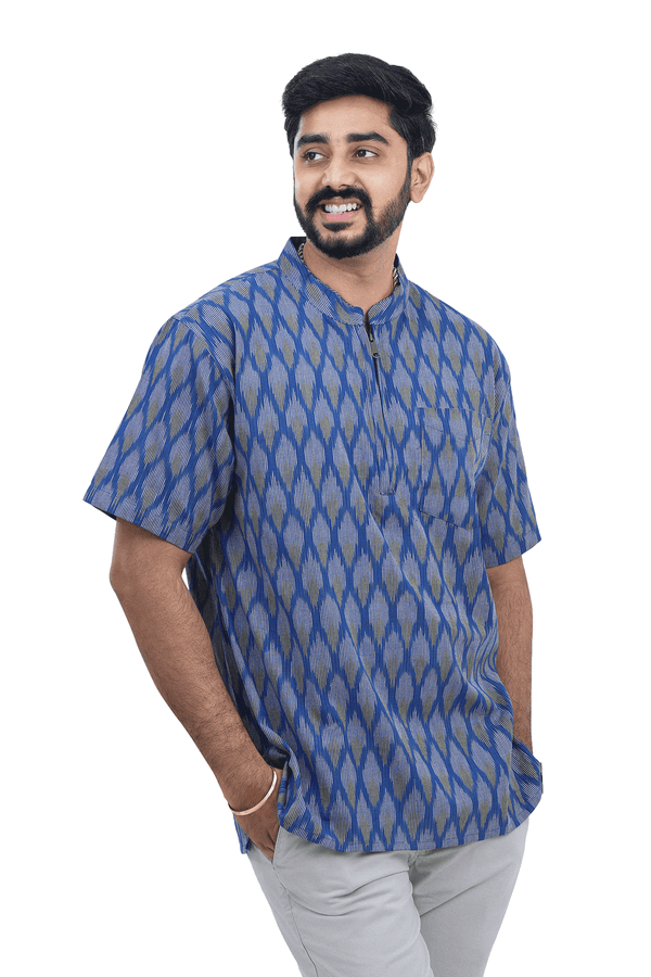 Chinese Collar Royal Blue Ikat Cotton Short Kurta