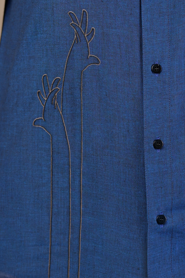 Regular Collar Embroidered Design Oxford Blue Cotton Shirt