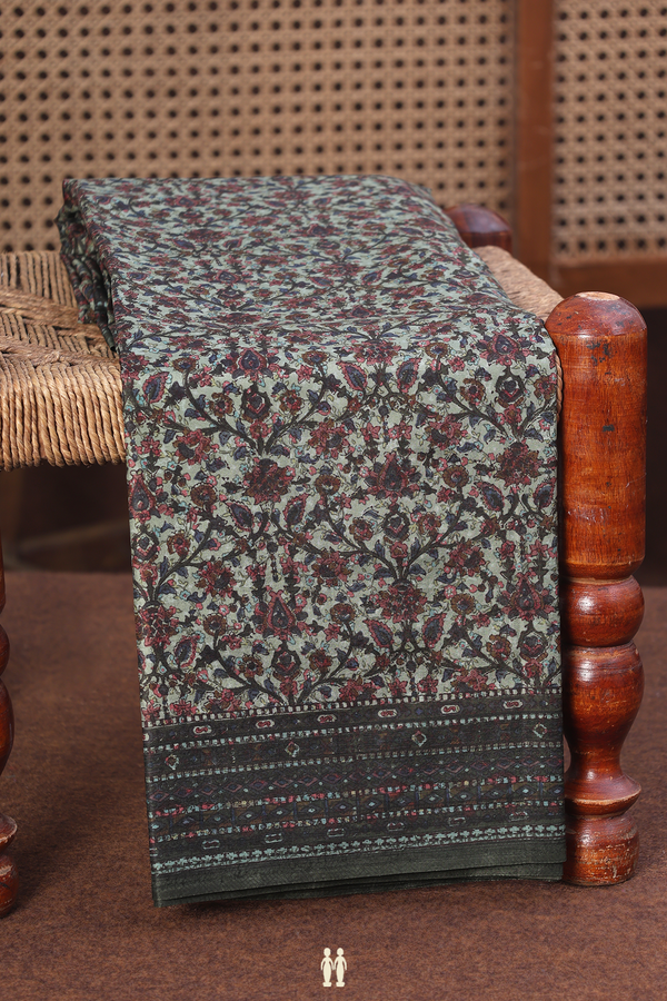 Printed Silk Saree In Green With Floral Design